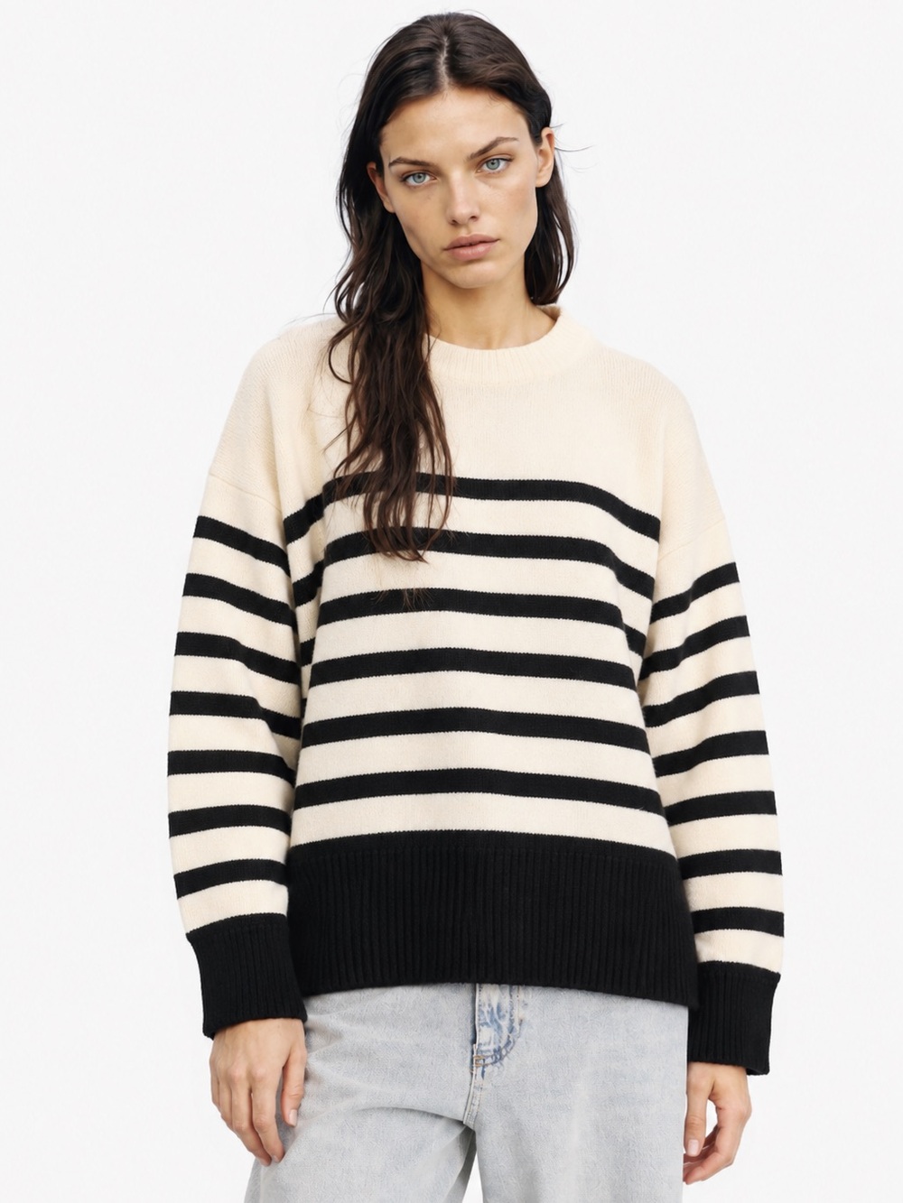 RELUME | Striped Crewneck Sweater - Cream & Black